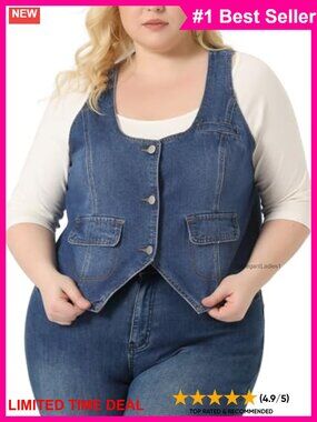 Plus Size Denim Vest Sleeveless Button Down Crop Waistcoat